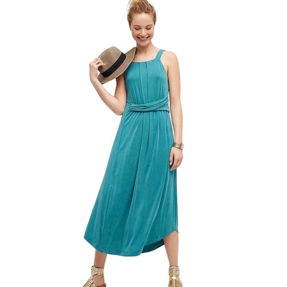 Maeve Anthropologie Teal Blue Modal Blend Pleated Maxi Dress Womens XS High Slit